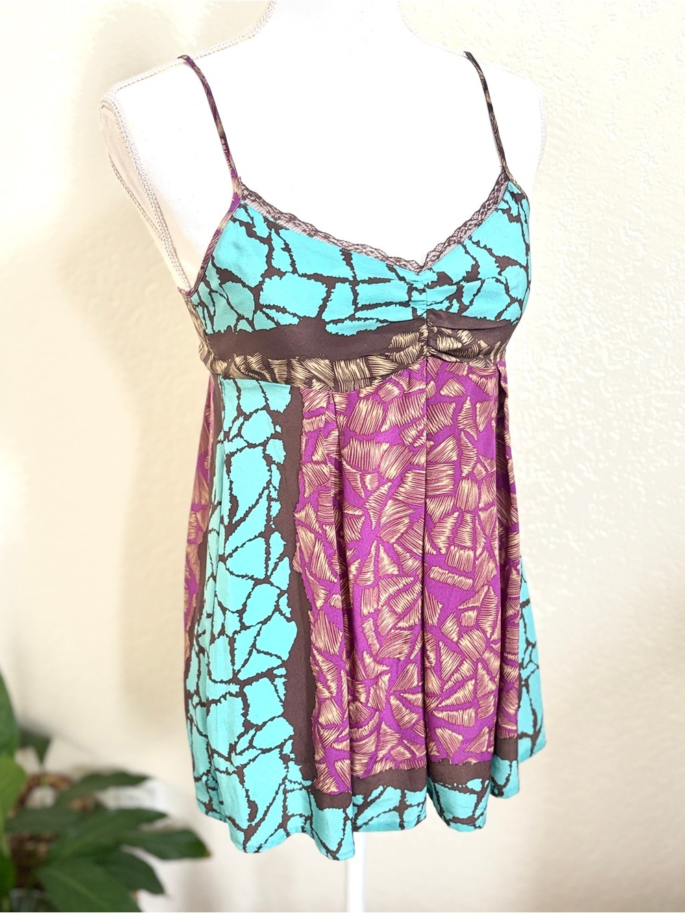 Petticoat Alley Women's silk Turquoise purple print Spaghetti Strap camisole S - Picture 2 of 8